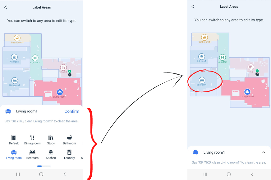 In der Ecovacs Deebot X1 Turbo App werden den Räumen einzelne Symbole zugewiesen